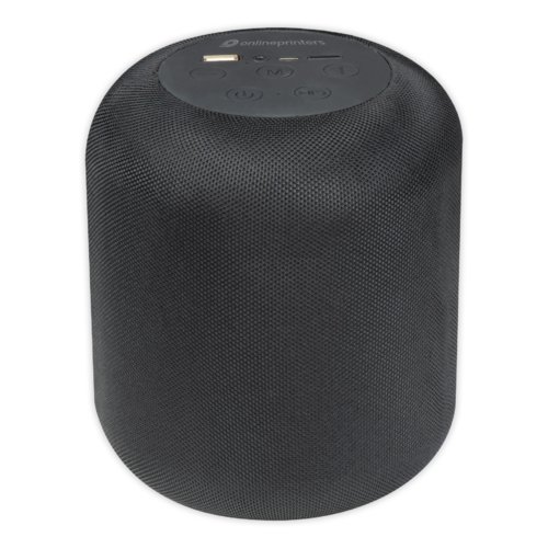 Schwarzer Bluetooth-Lautsprecher mit Bedienelementen und USB-Anschluss.
