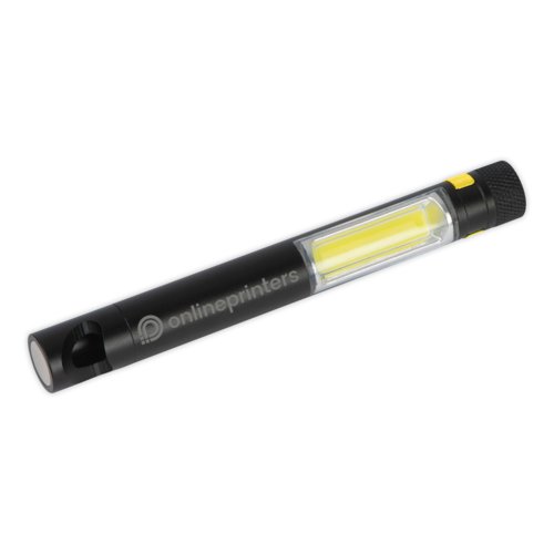 Schwarze COB-Taschenlampe aus Metall mit Flaschenffner.