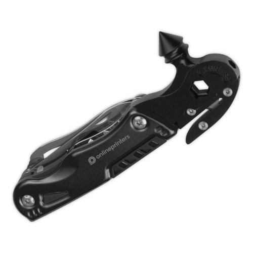 Schwarzes Metall-Multitool mit verschiedenen Werkzeugen.