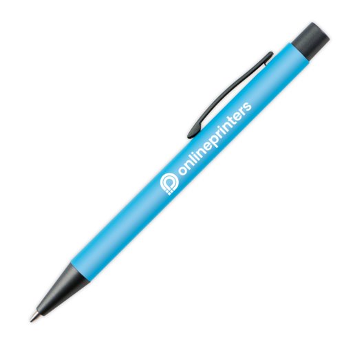 Hellblauer Kugelschreiber mit Clip und Druckmechanismus.