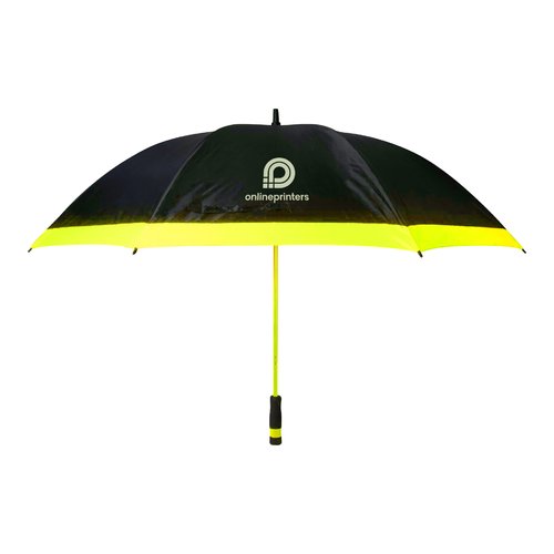 Schwarzer XXL-Regenschirm mit gelbem Rand und manuellem ffnungsmechanismus.