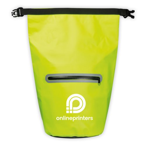 Gelbe, wasserdichte Tasche mit Rollverschluss und Auentasche.