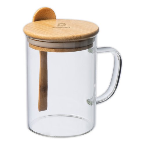 Transparente Glastasse mit Bambusdeckel und Lffel.