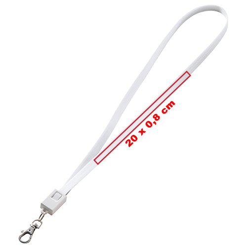Weies Polyester-Lanyard mit Karabinerhaken und Universalladekabel.