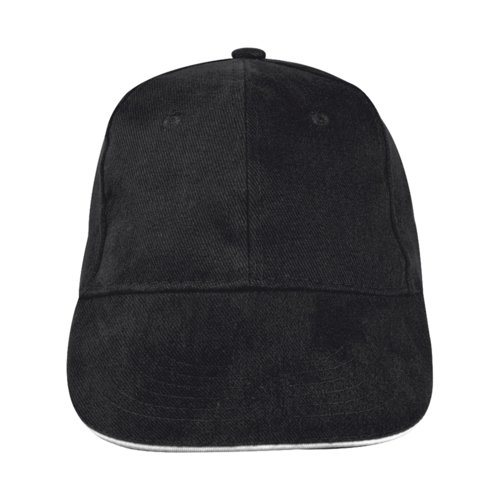 Schwarze Baseballkappe aus Stoff mit sechs Feldern.