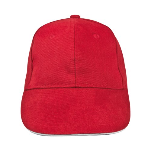 Rote Baseballkappe aus Stoff mit sechs Feldern.