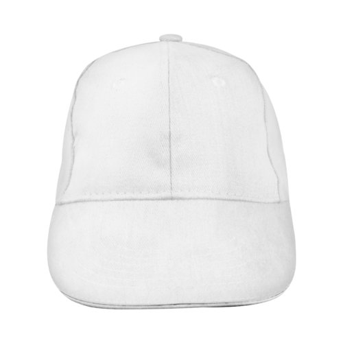 Weie Baseballkappe aus Stoff mit sechs Segmenten.