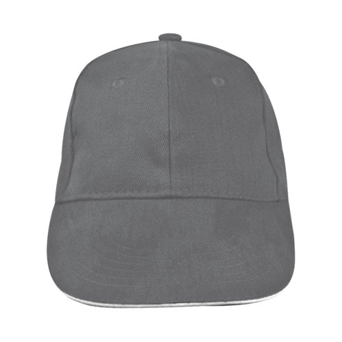 Graue Baseballkappe aus Stoff mit sechs Feldern.