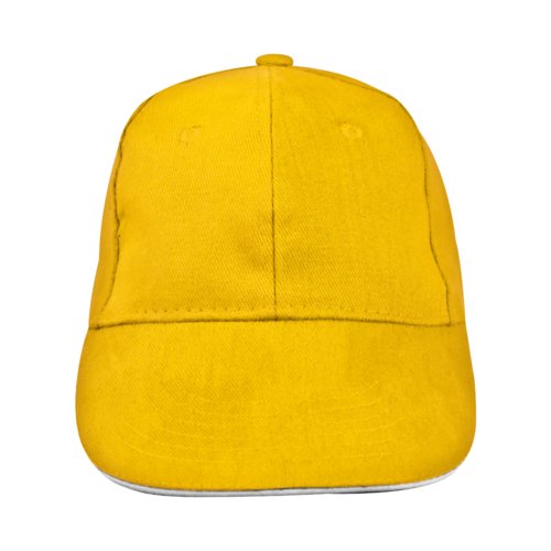 Gelbe Baseballcap aus Stoff mit sechs Segmenten.