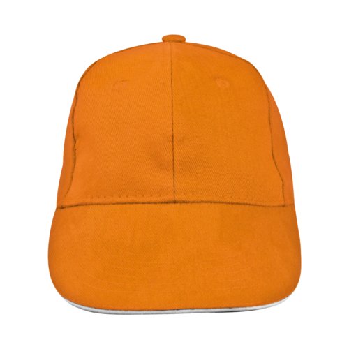 Orangefarbene 6-Panel-Baseballkappe aus Stoff mit verstrkter Front.