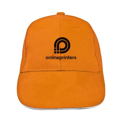 Orangefarbene 6-Panel-Baseballkappe aus Stoff mit verst�rkter Front.