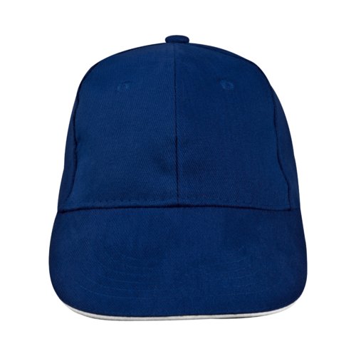 Dunkelblaue Baseballcap aus Stoff mit sechs Segmenten.