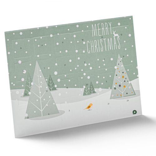 Gr�ner Papier-Adventskalender mit nummerierten T�rchen.