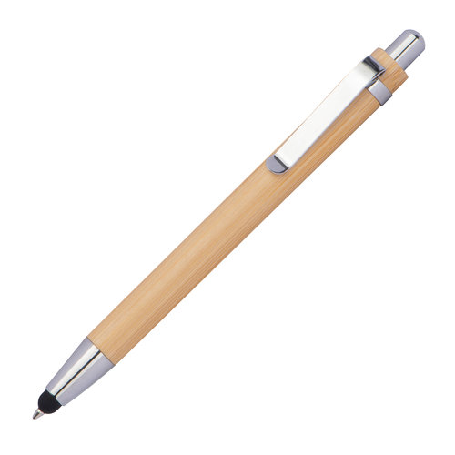 Beiger Holz-Kugelschreiber mit Clip und Druckmechanismus.