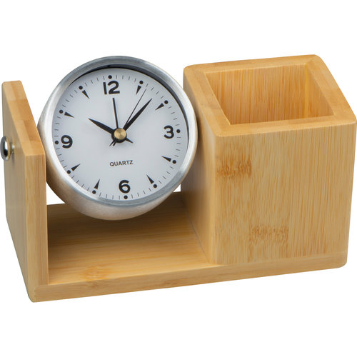 Beiger Bambus Stiftekcher mit integrierter Uhr.