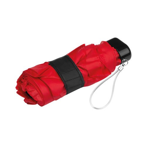 Roter Mini-Regenschirm mit Trageschlaufe.