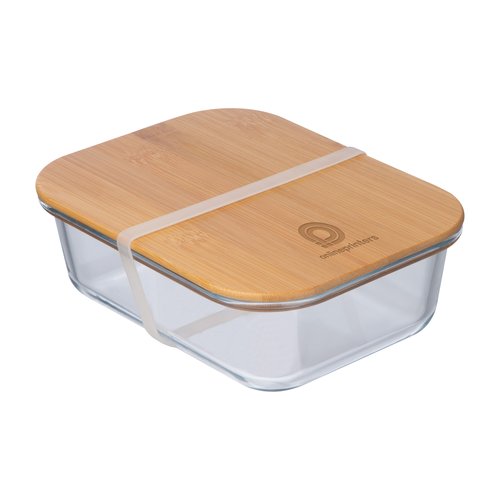 Transparente Brotzeitbox aus Glas mit Bambusdeckel und Gummiband.
