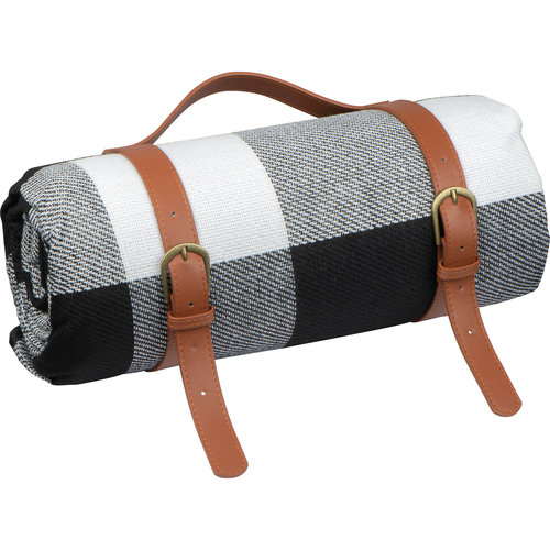 Mehrfarbige Picknickdecke mit Tragegurten aus Kunstleder.