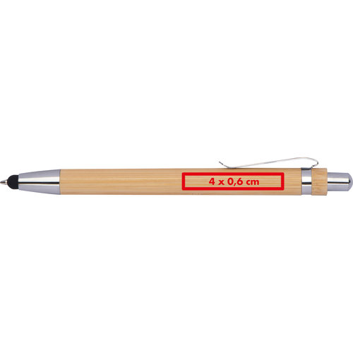 Holzfarbener Kugelschreiber mit Metallelementen und Touchpen-Funktion.
