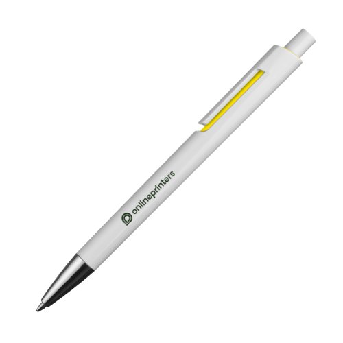 Gelber Kugelschreiber mit Clip und Druckknopf.