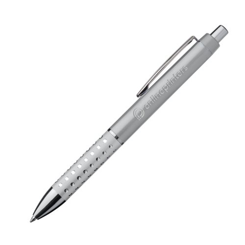 Grauer Metall-Kugelschreiber mit Clip und Druckknopf.