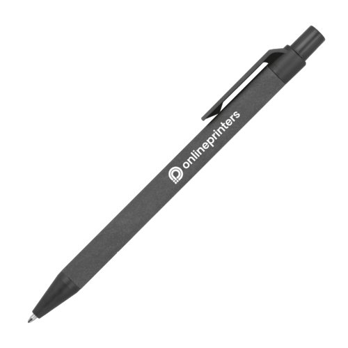 Schwarzer Papp-Kugelschreiber mit Clip und Druckknopf.