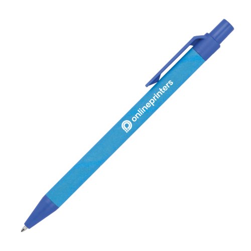 Blauer Papier-Kugelschreiber mit Clip und Druckmechanismus.