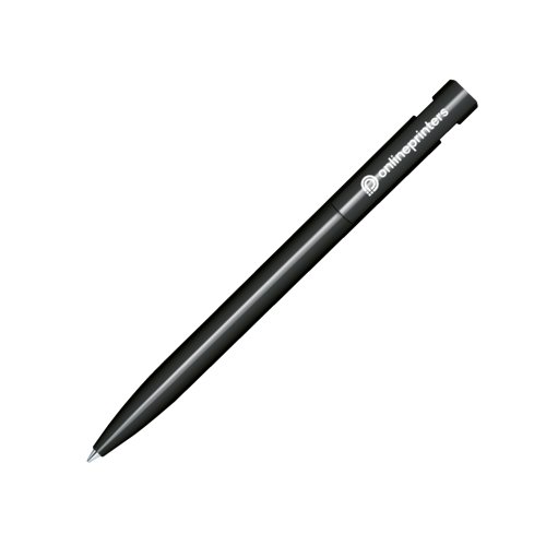 Schwarzer Kunststoff-Kugelschreiber mit glnzender Oberflche und Druckknopf.