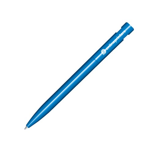 Blauer Kunststoff-Druckkugelschreiber mit polierter Oberflche und Clip.