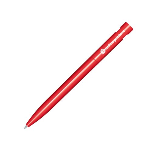 Roter Kunststoff-Kugelschreiber mit glnzender Oberflche und Druckknopfmechanik.