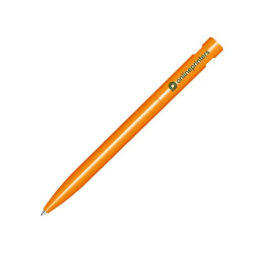 Oranger Kunststoff-Kugelschreiber mit glnzender Oberflche und Druckmechanismus.