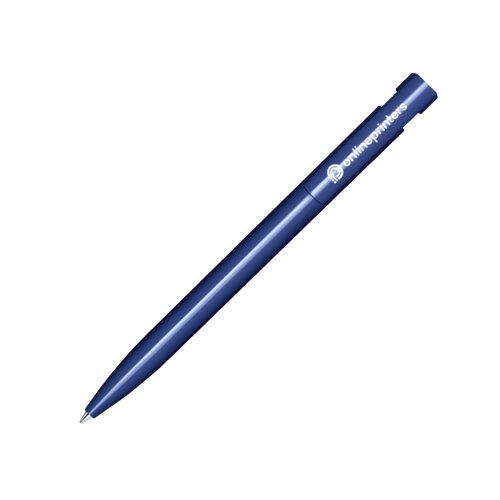 Dunkelblauer Kunststoff-Kugelschreiber mit glnzender Oberflche und Druckknopf.