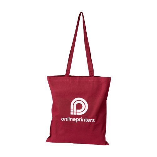 Burgunderrote Baumwolltasche mit langen Henkeln.