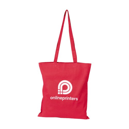 Rote Baumwolltasche mit langen Henkeln.