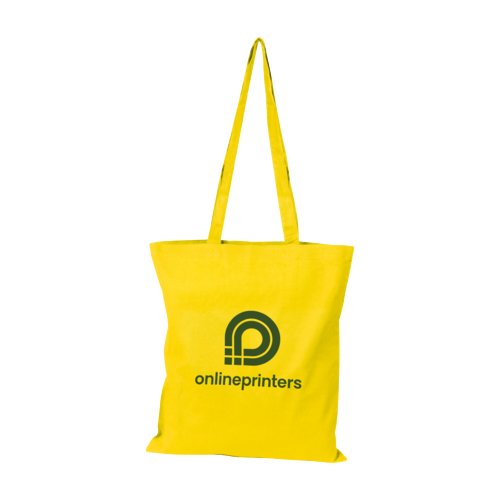 Gelbe Baumwolltasche mit langen Henkeln.