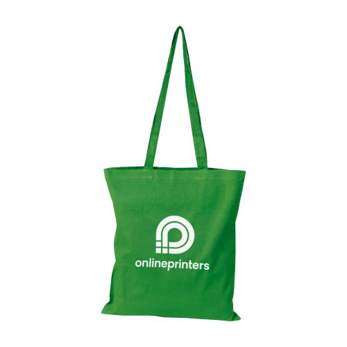 Grne Baumwolltasche mit langen Henkeln.