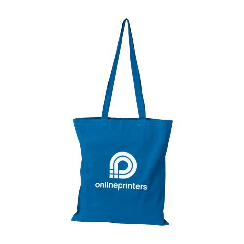 Blaue Baumwolltasche mit langen Henkeln.