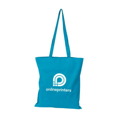 Trkisfarbene Baumwolltasche mit langen Henkeln.
