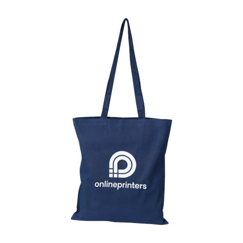 Dunkelblaue Baumwolltasche mit Muster und langen Henkeln.