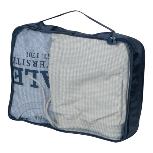 Dunkelblaues Textil Travelset, 4-teilig, mit Reiverschluss und Tragegriff.