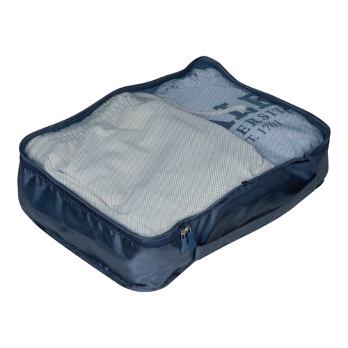 Dunkelblaues 4-teiliges Travelset mit Reiverschluss.