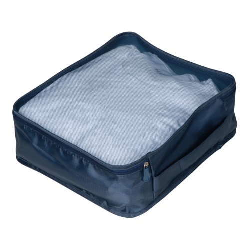 Dunkelblaues Textil Travelset, 4-teilig mit Reiverschluss.