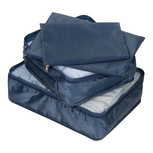 Dunkelblaues Textil Travelset, 4-teilig, mit Reiverschlssen.