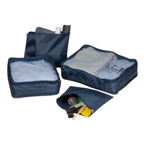 Blaues Travelset aus Stoff, 4-teilig mit Reiverschluss.