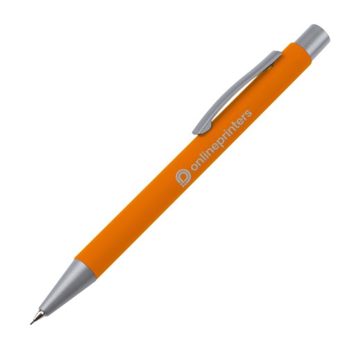 Oranger Druckbleistift mit Clip und Druckmechanik.