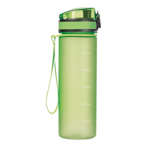 Apfelgrne Tritan-Trinkflasche mit Deckel und Trageschlaufe.