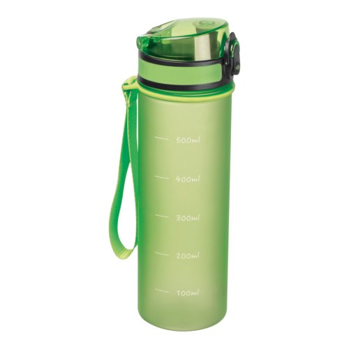 Apfelgrne Tritan-Trinkflasche mit Trageschlaufe und Deckel.
