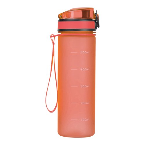 Orangefarbene Tritan-Trinkflasche mit Trageschlaufe.