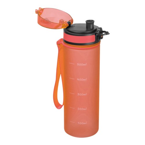 Orange Tritan-Trinkflasche mit Schraubverschluss und Trageschlaufe.
