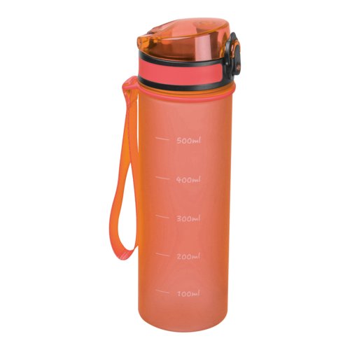 Orangefarbene Tritan-Trinkflasche mit Trageschlaufe.